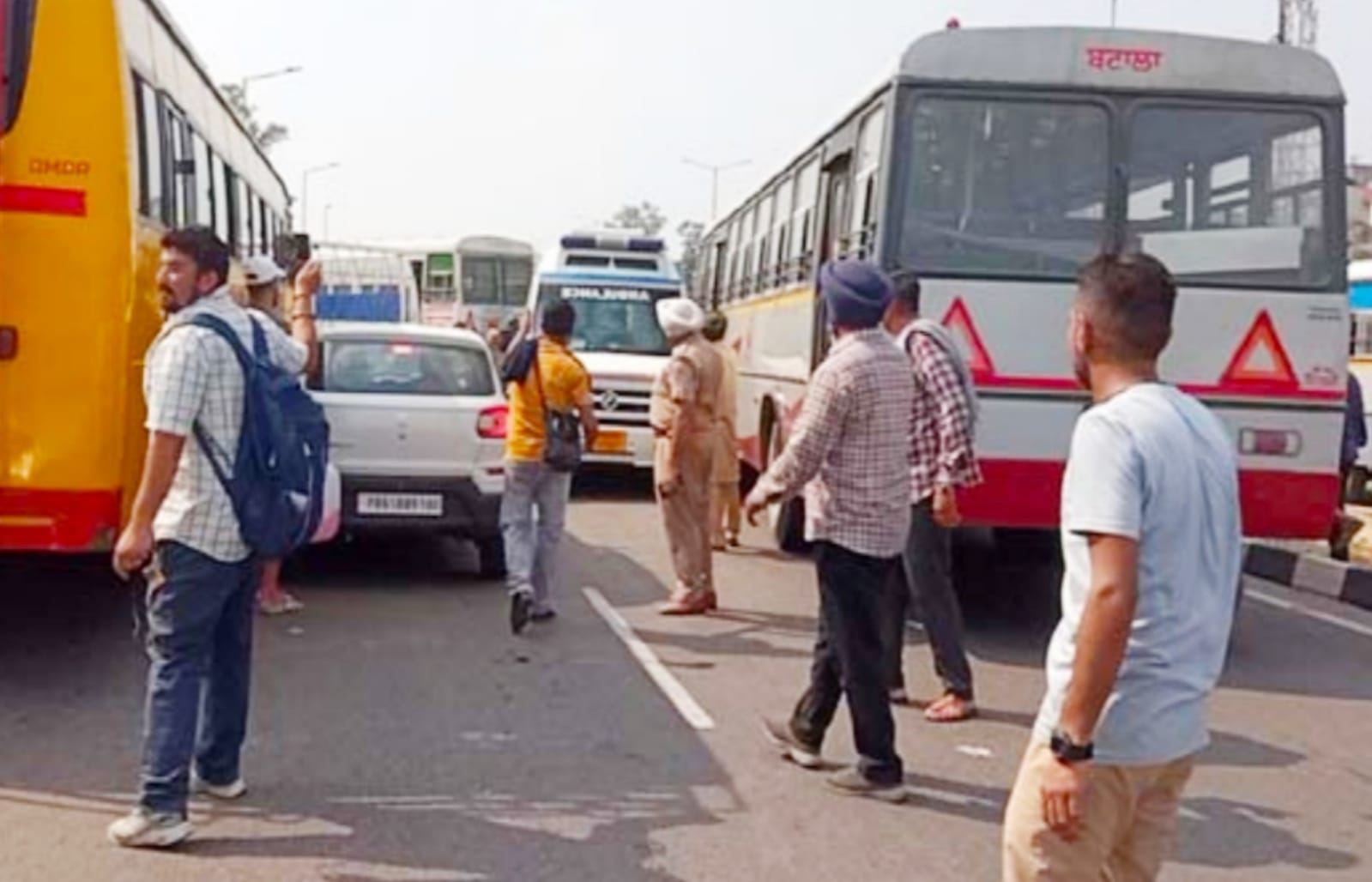 Roadways employees protest at PAP Chowk in Jalandhar, jammed the road by erecting the buses