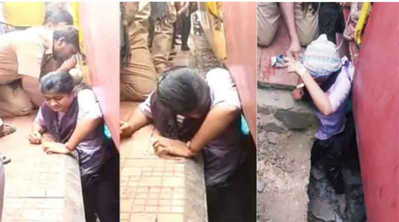 While getting off the train at the railway station, the girl got trapped badly in the middle of the train, broke the platform and got out