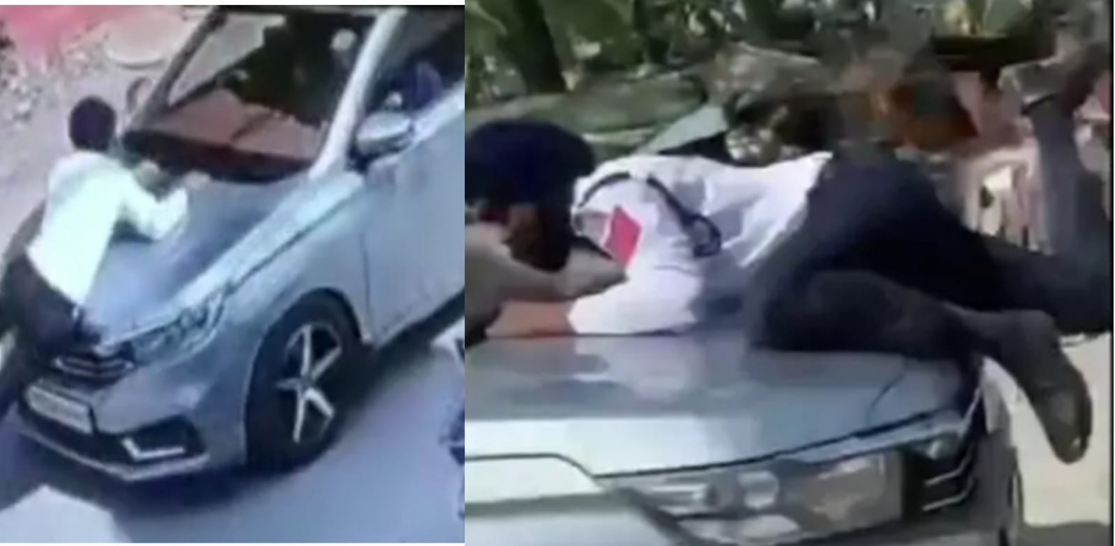 The car driver dragged the traffic policeman on the bonnet of the car, the policeman's uniform was torn, injured
