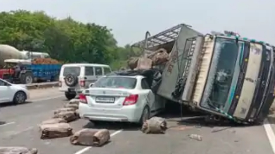 Truck overturned on car in Phagwara, car shattered