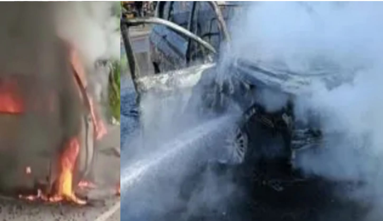 A fire broke out in a moving car in Hoshiarpur, Punjab, seeing the smoke coming out, the occupants of the car saved their lives by running away.
